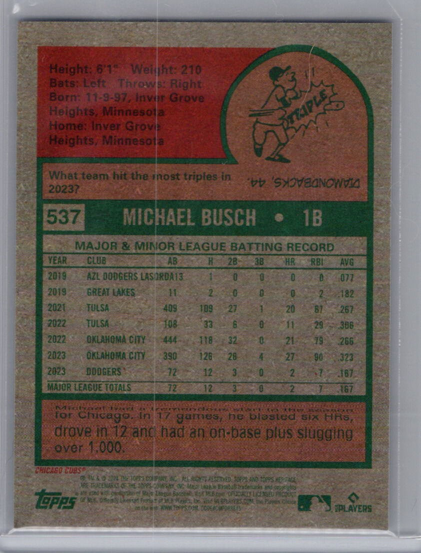 2024 Topps Heritage #537 Michael Busch Chrome Purple Refractor Chicago Cubs