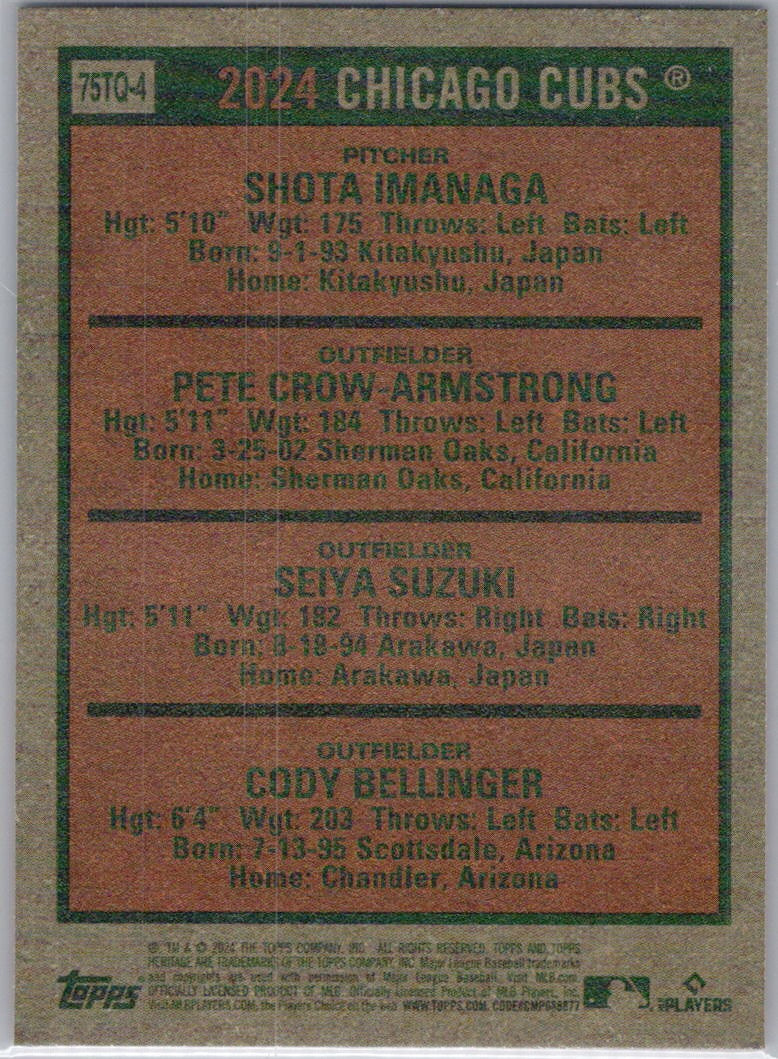 2024 Topps Heritage #75TQ-4 Bellinger/Suzuki/Imanaga/Crow-Armstrong Team Quads