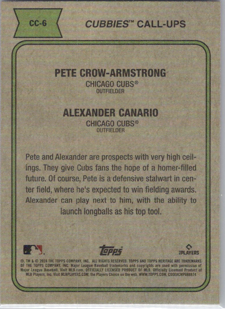 2024 Topps Heritage #CC-6 Cubbies Call-Ups (Canario/ Crow-Armstrong)