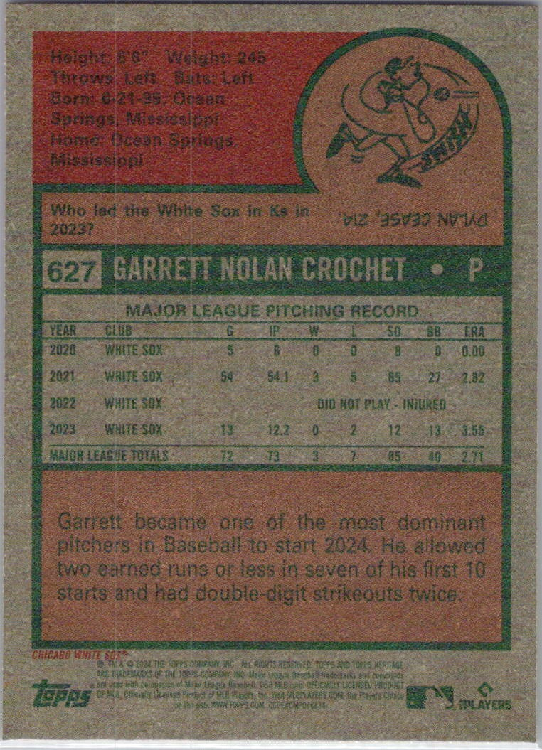 2024 Topps Heritage #627 Garrett Crochet Chicago White Sox