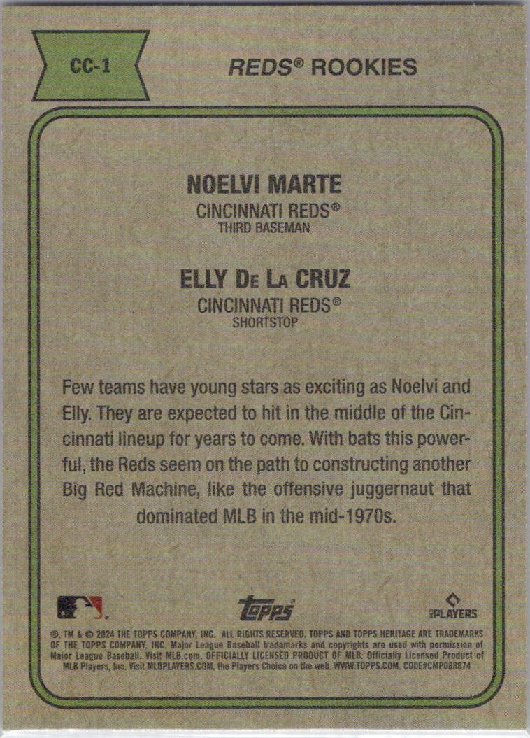 2024 Topps Heritage #CC-1 Reds Rookies (Elly De La Cruz / Noelvi Marte)