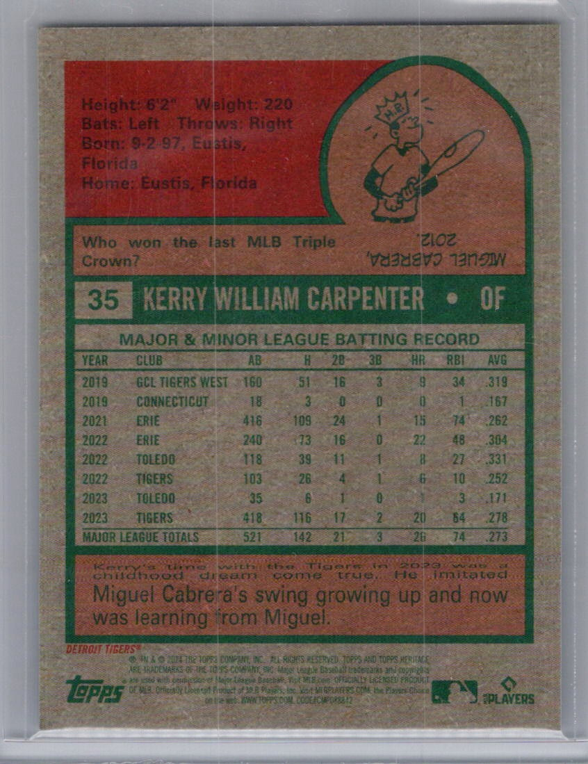 2024 Topps Heritage #35 Kerry Carpenter Chrome #/699 Detroit Tigers