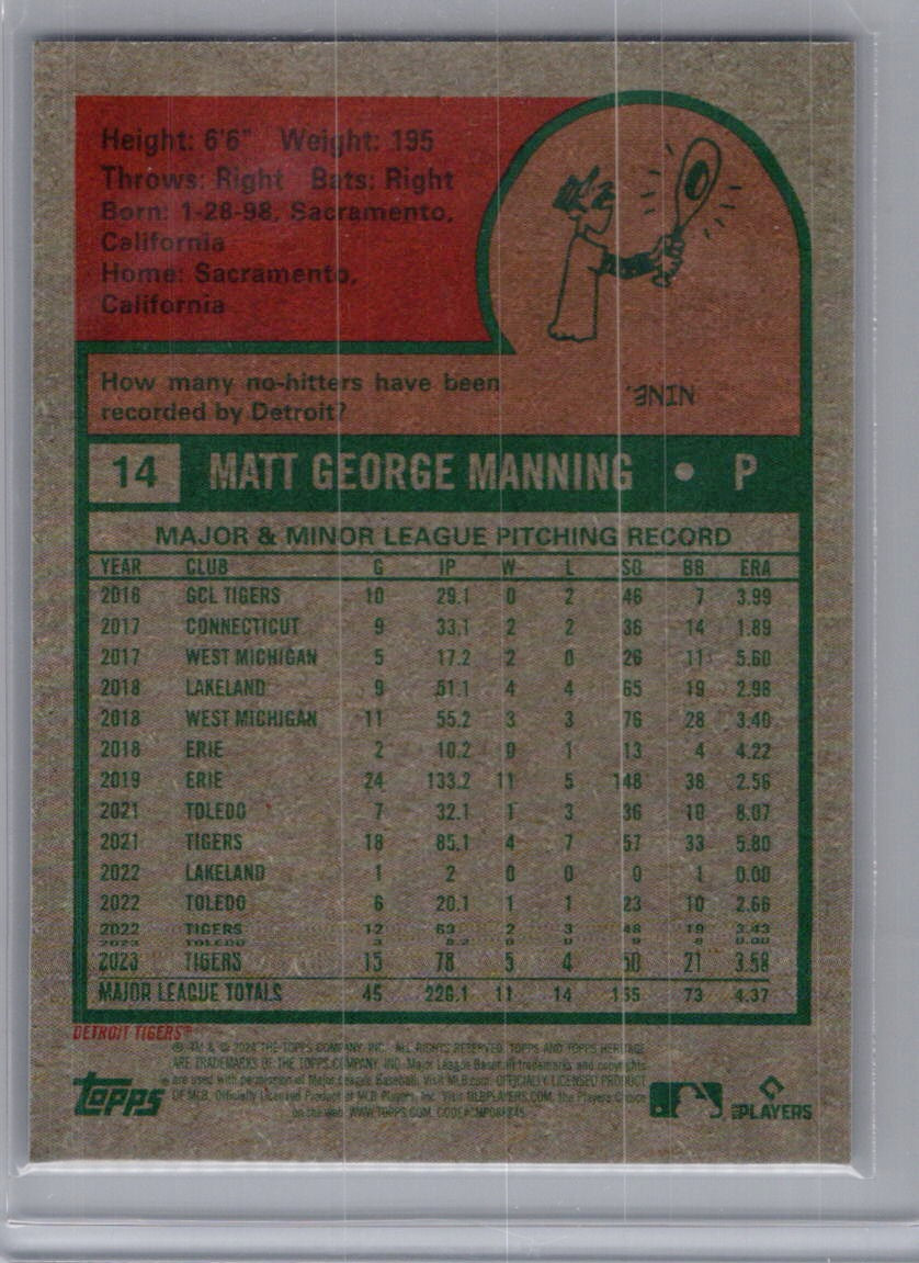 2024 Topps Heritage #14 Matt Manning Chrome Purple Refractor Detroit Tigers