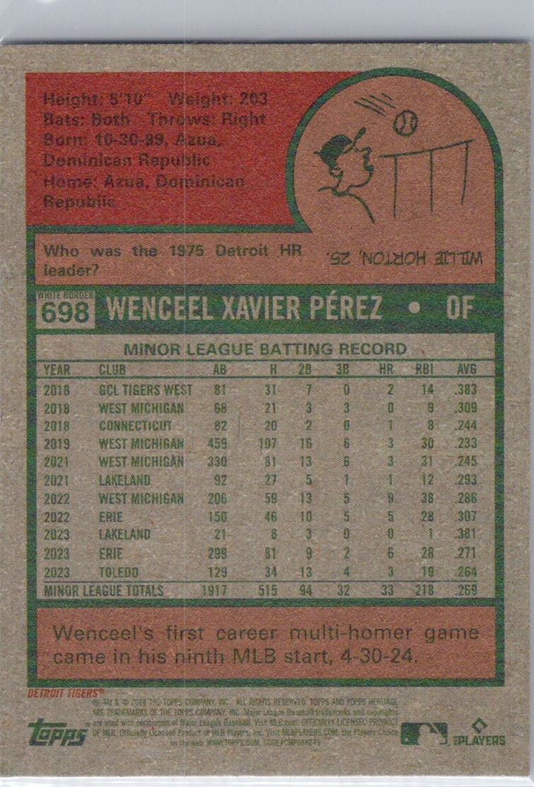 2024 Topps Heritage #698 Wenceel Pérez White Border Detroit Tigers