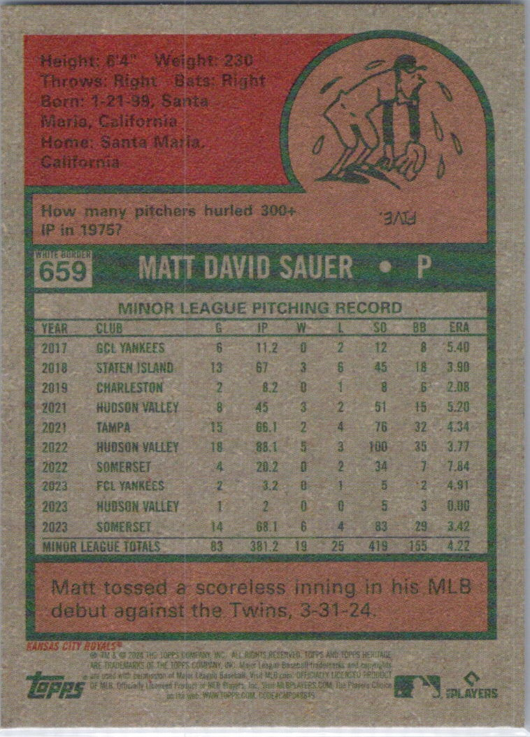 2024 Topps Heritage #659 Matt Sauer Dark Blue Border Kansas City Royals