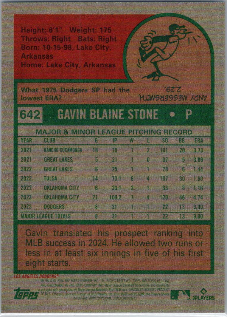2024 Topps Heritage #642 Gavin Stone Chrome #/699 Los Angeles Dodgers