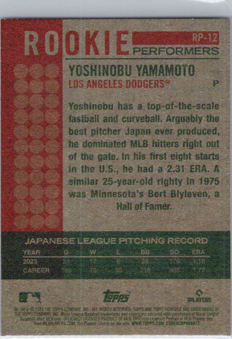 2024 Topps Heritage #RP-12 Yoshinobu Yamamoto Rookie Performers Los Angeles Dodgers