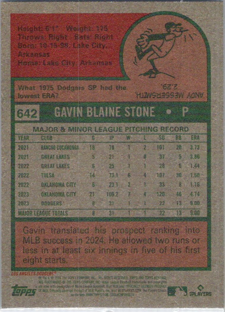 2024 Topps Heritage #642 Gavin Stone Los Angeles Dodgers