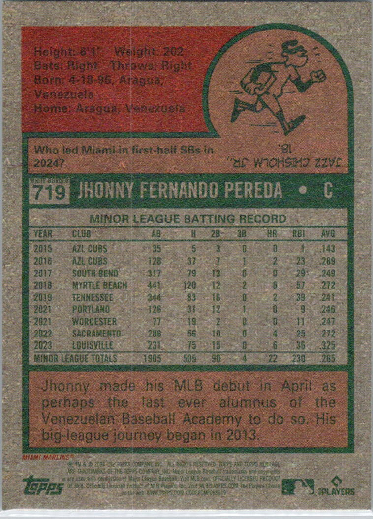 2024 Topps Heritage #719 Jhonny Pereda Aqua Border Miami Marlins