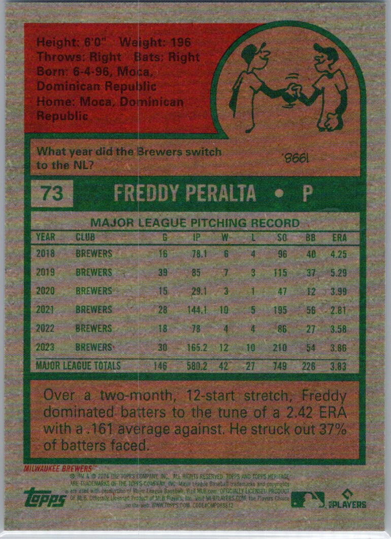 2024 Topps Heritage #73 Freddy Peralta Chrome #/699 Milwaukee Brewers