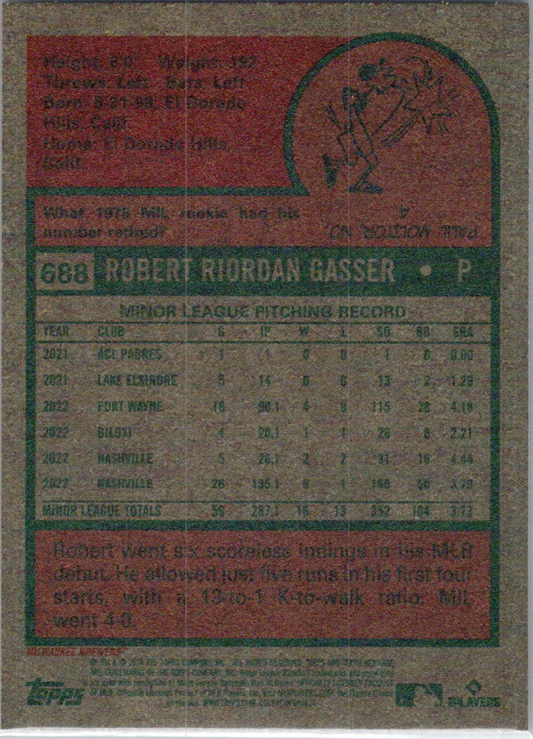 2024 Topps Heritage #688 Robert Gasser Milwaukee Brewers