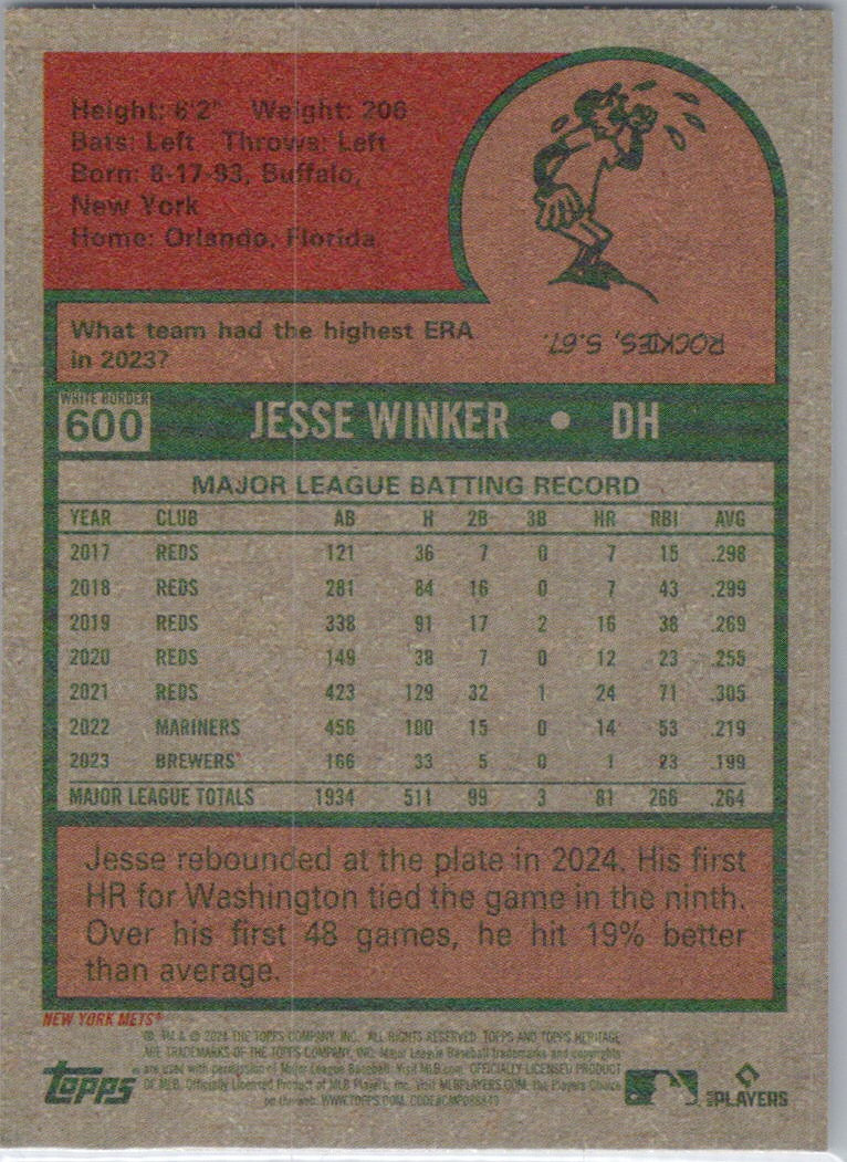 2024 Topps Heritage #600 Jesse Winker White Border New York Mets
