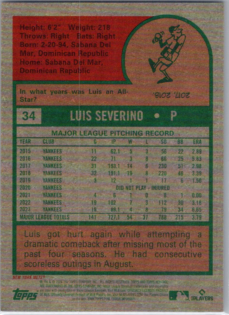 2024 Topps Heritage #34 Luis Severino Chrome Purple Refractor New York Mets