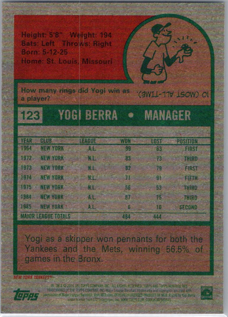 2024 Topps Heritage #123 Yogi Berra Silver Refractor #/225 New York Yankees
