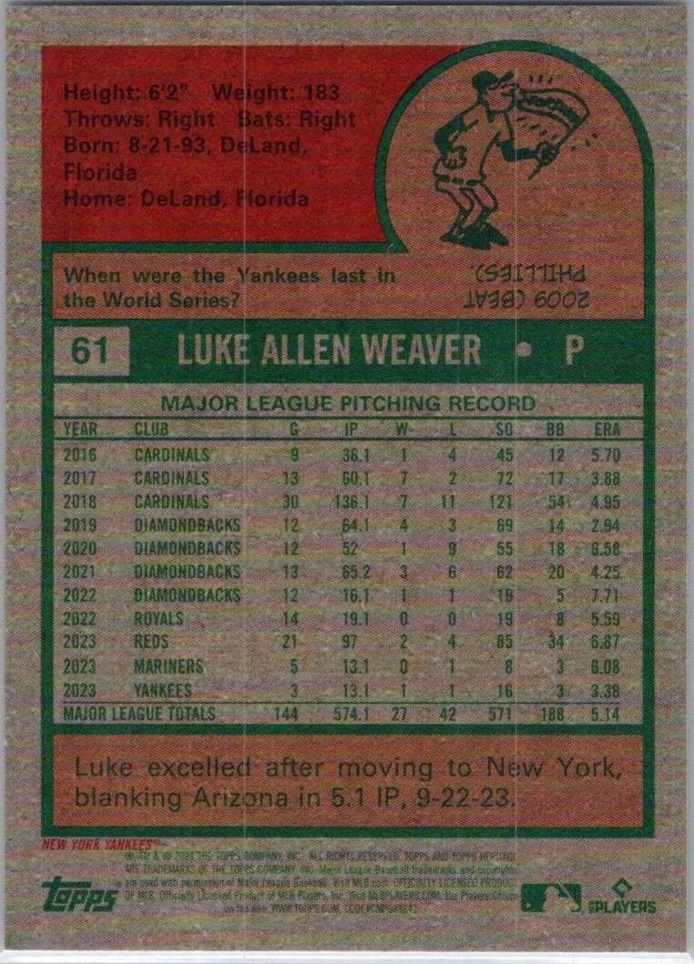 2024 Topps Heritage #61 Luke Weaver Chrome #/699 New York Yankees