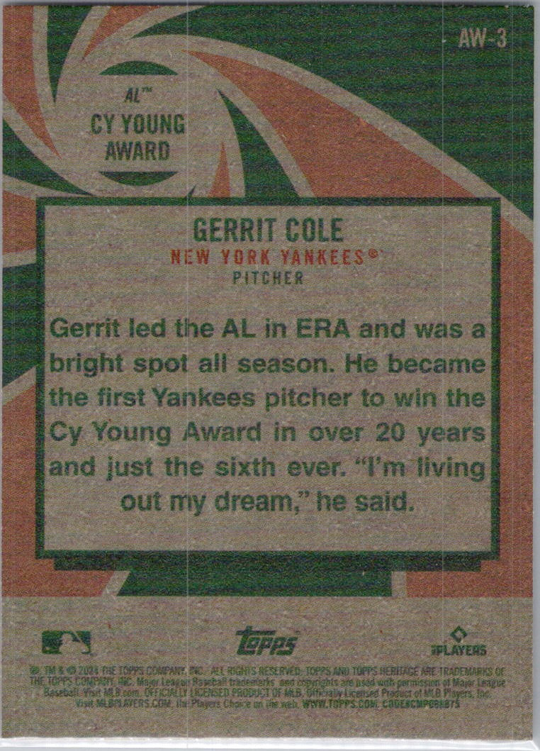 2024 Topps Heritage #AW-3 Gerrit Cole Award Winners New York Yankees