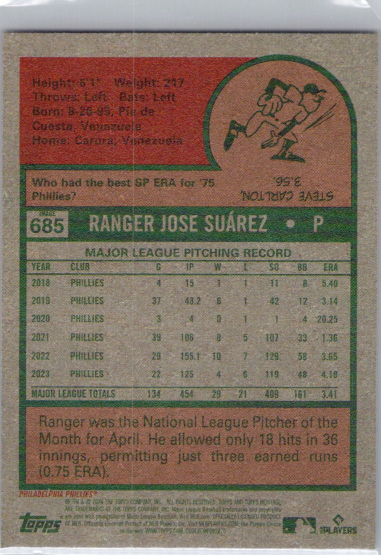 2024 Topps Heritage #685b Ranger Suárez Image Variation Philadelphia Phillies