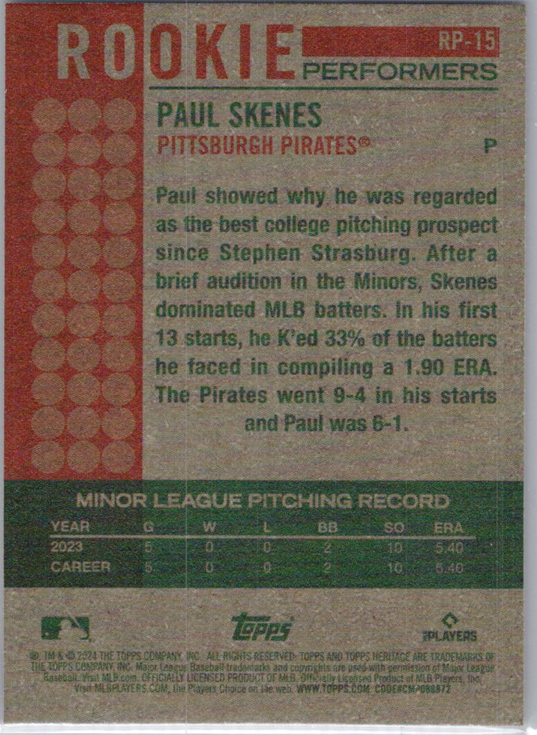 2024 Topps Heritage #RP-15 Paul Skenes Rookie Performers Pittsburgh Pirates