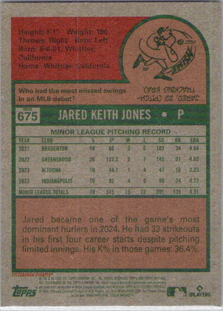 2024 Topps Heritage #675 Jared Jones Image Variation Pittsburgh Pirates