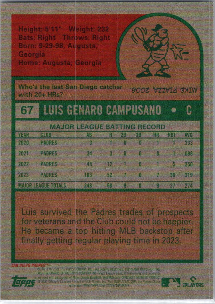 2024 Topps Heritage #67 Luis Campusano Chrome Purple Refractor San Diego Padres