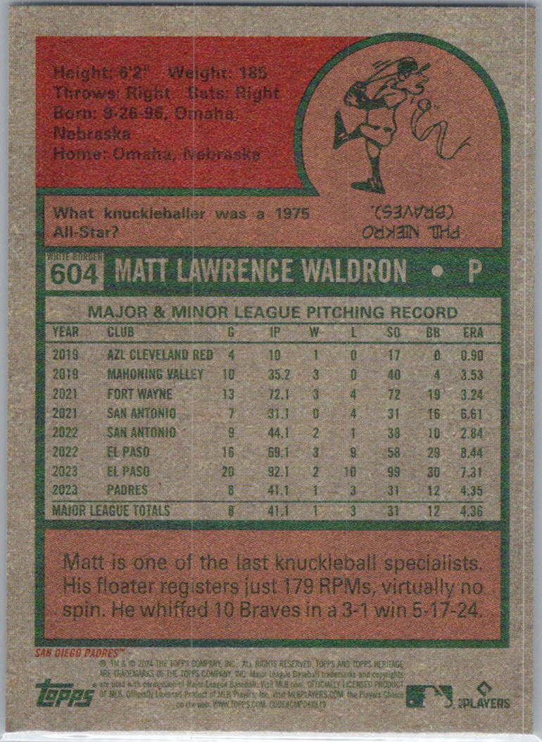 2024 Topps Heritage #604 Matt Waldron Aqua Border San Diego Padres