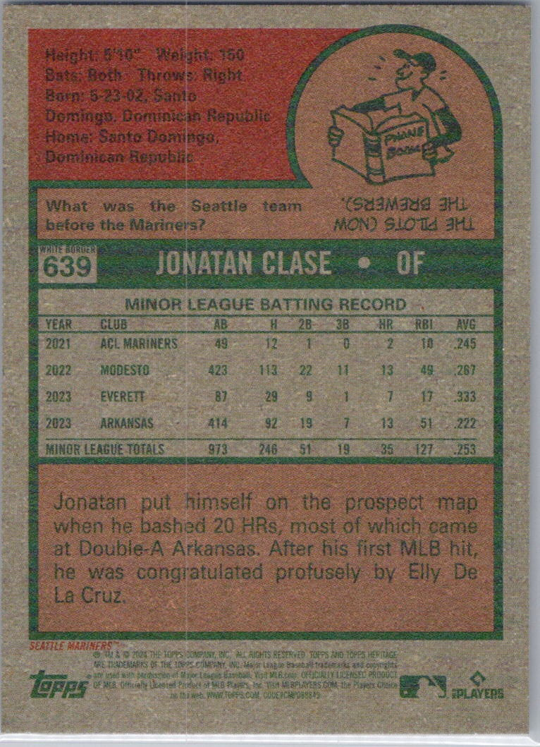 2024 Topps Heritage #639 Jonatan Clase Dark Blue Border Seattle Mariners