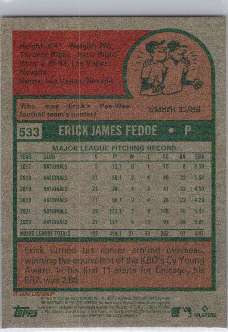 2024 Topps Heritage #533 Erick Fedde St. Louis Cardinals