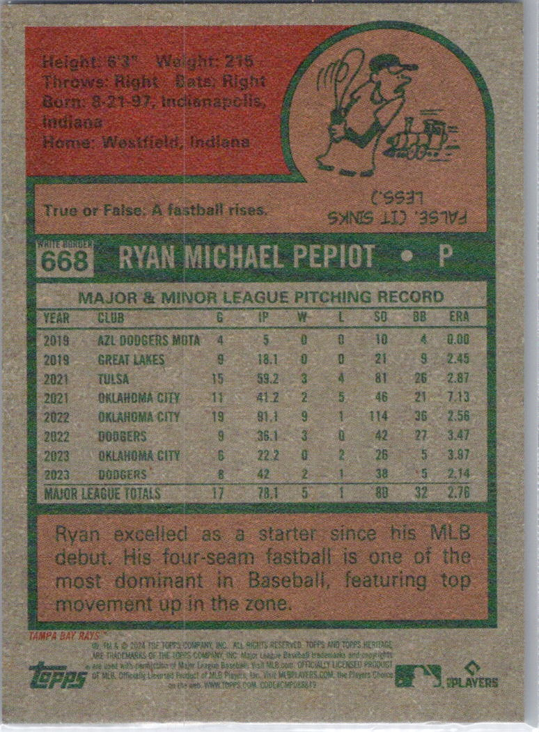 2024 Topps Heritage #668 Ryan Pepiot Dark Blue Border Tampa Bay Rays