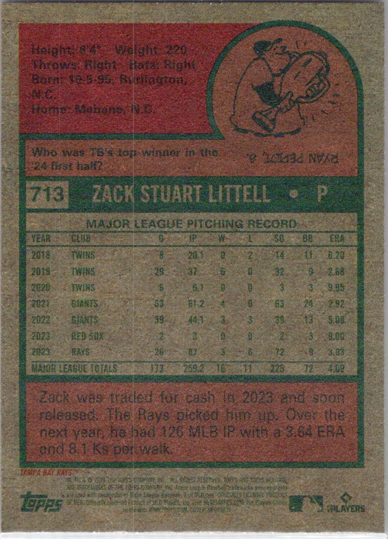2024 Topps Heritage #713 Zack Littell Tampa Bay Rays
