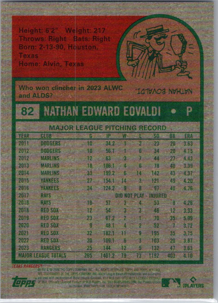 2024 Topps Heritage #82 Nathan Eovaldi Chrome Purple Refractor Texas Rangers