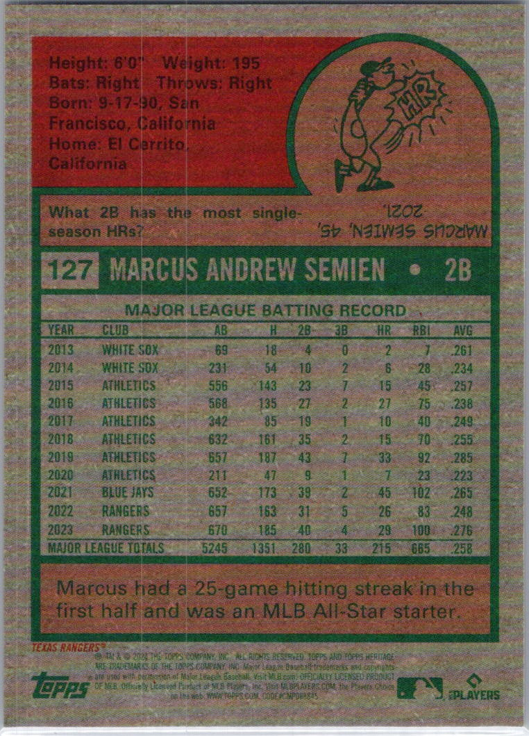2024 Topps Heritage #127 Marcus Semien Chrome Purple Refractor Texas Rangers