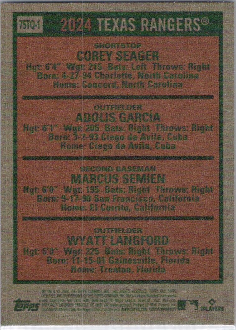 2024 Topps Heritage #75TQ-1 Corey Seager/Wyatt Langford/Marcus Semien/Adolis G.
