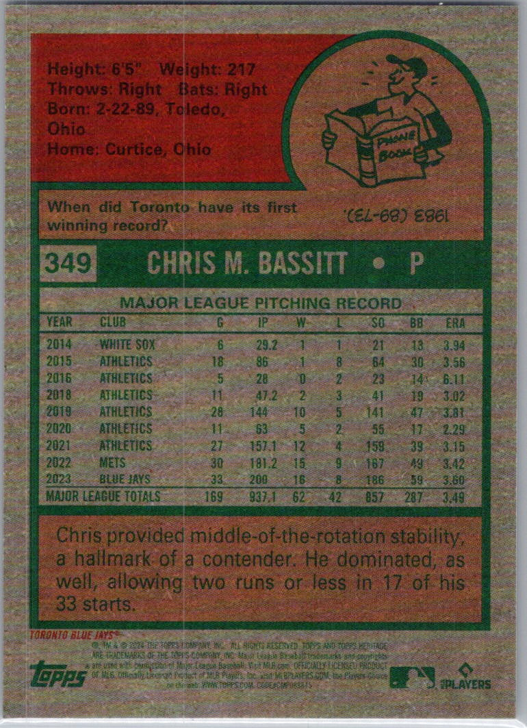 2024 Topps Heritage #349 Chris Bassitt Chrome Black Refractor #/75 Toronto Blue Jays