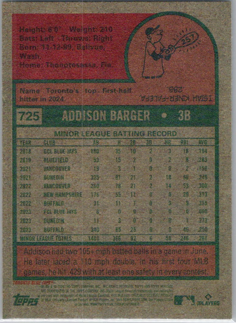 2024 Topps Heritage #725 Addison Barger Toronto Blue Jays