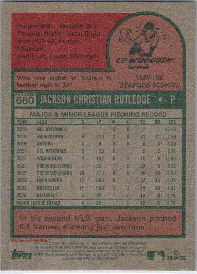 2024 Topps Heritage #660 Jackson Rutledge Dark Blue Border Washington Nationals
