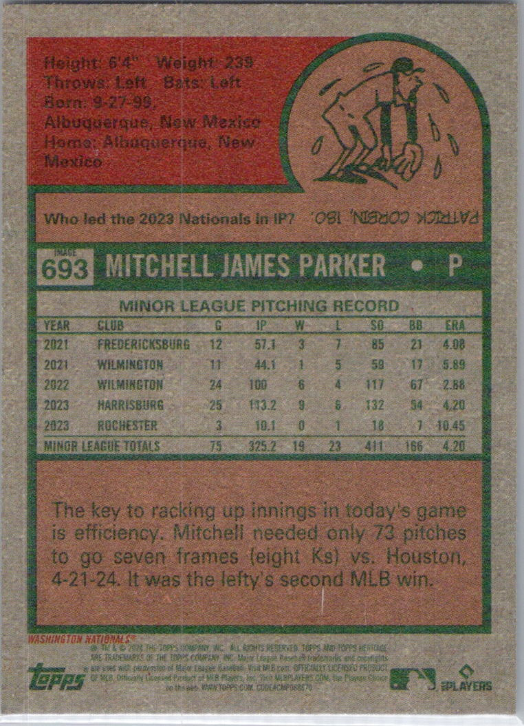 2024 Topps Heritage #693 Mitchell Parker Image Variation Washington Nationals