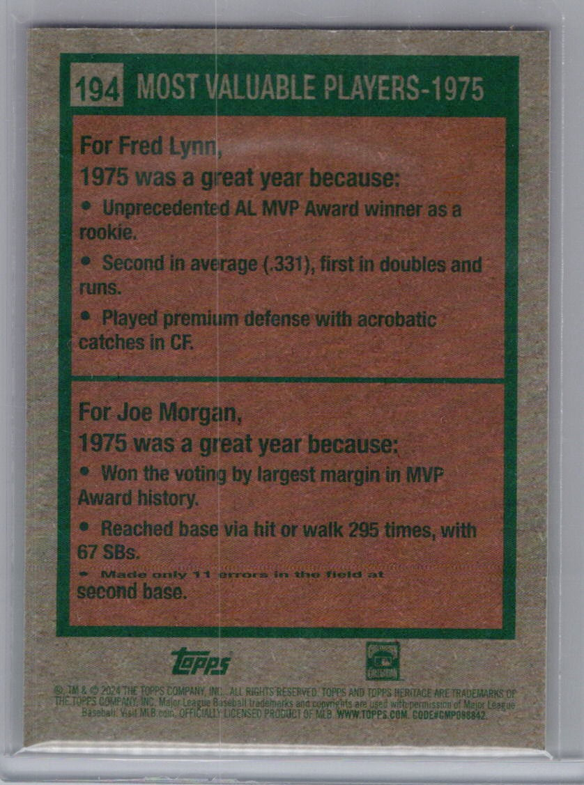 2024 Topps Heritage #194 1975 MVPs (Fred Lynn / Joe Morgan) MVP, SN699 Chrome