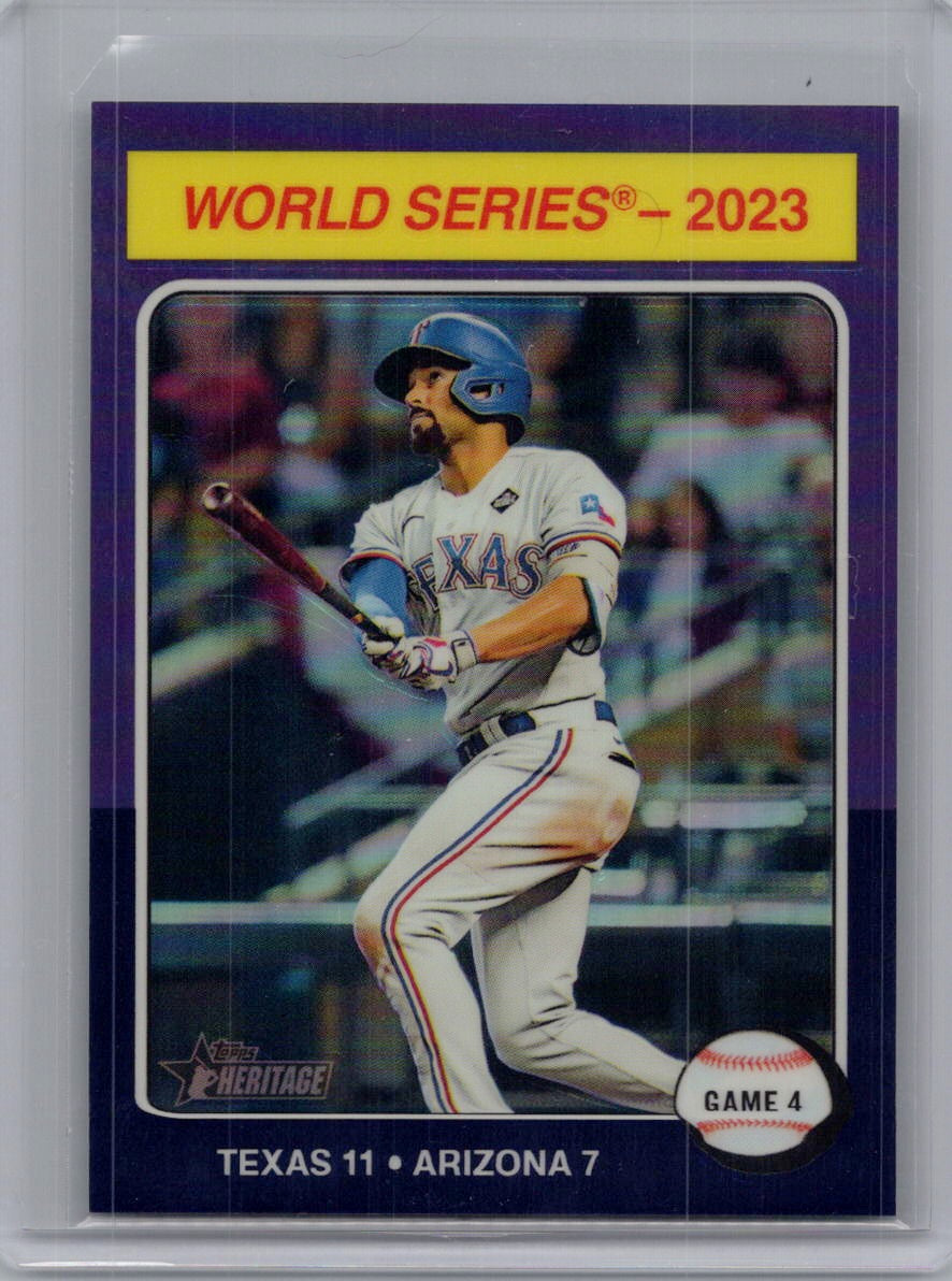 2024 Topps Heritage #464 World Series 2023: Game Chrome Purple Refractor Texas Rangers
