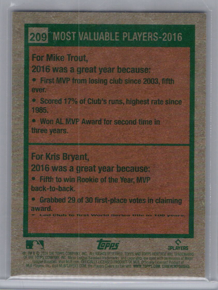 2024 Topps Heritage #209 2016 MVPs (Mike Trout / Kris Bryant) MVP Chrome Purple