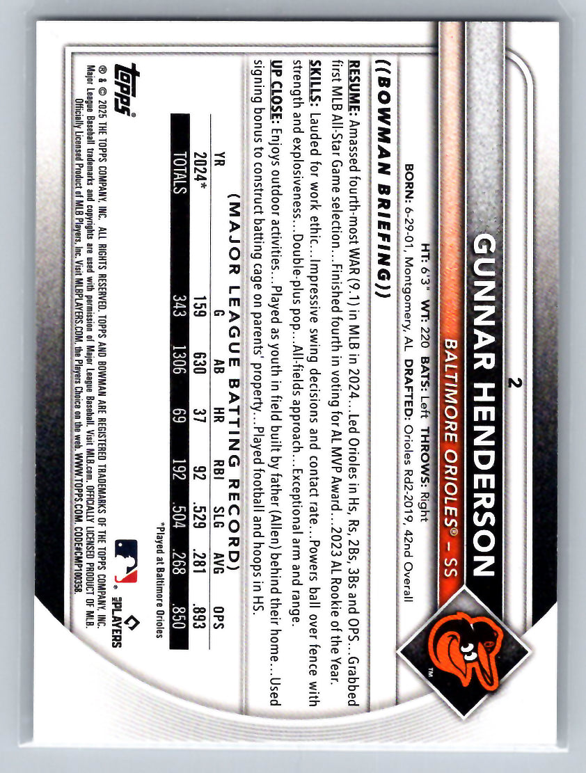 2025 Bowman #2 Gunnar Henderson Baltimore Orioles