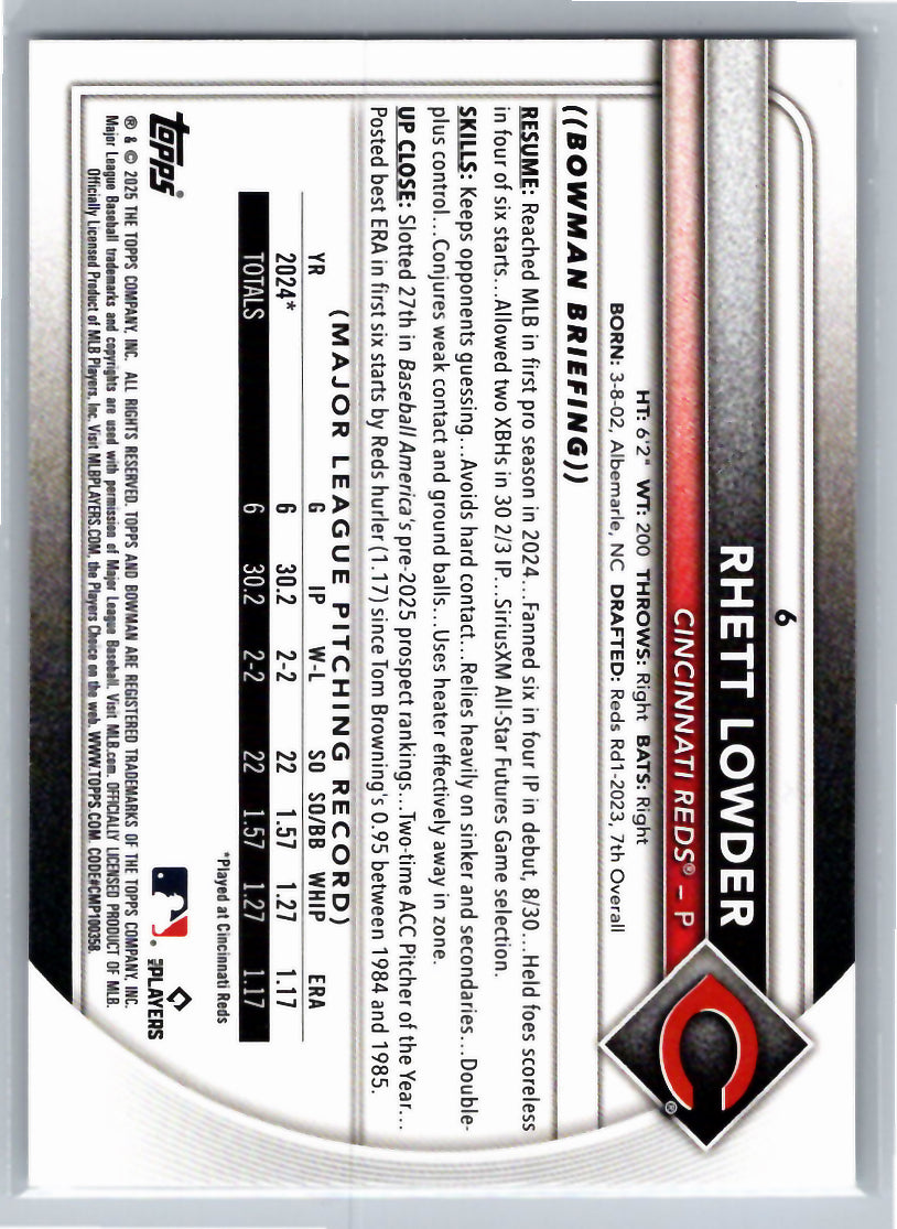 2025 Bowman #6 Rhett Lowder Cincinnati Reds