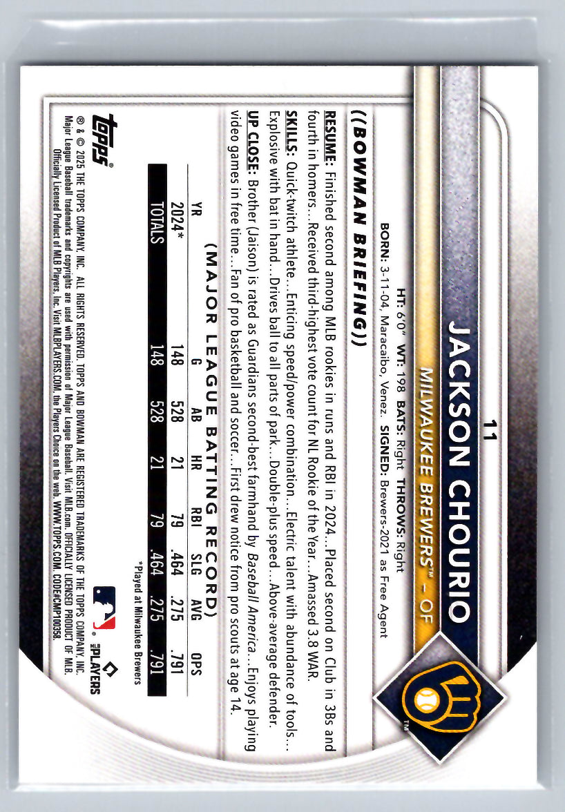 2025 Bowman #11 Jackson Chourio Milwaukee Brewers