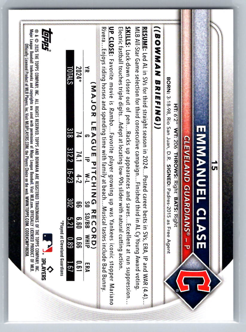 2025 Bowman #15 Emmanuel Clase Cleveland Guardians