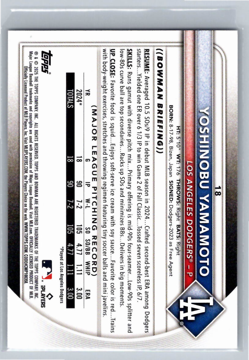 2025 Bowman #18 Yoshinobu Yamamoto Los Angeles Dodgers