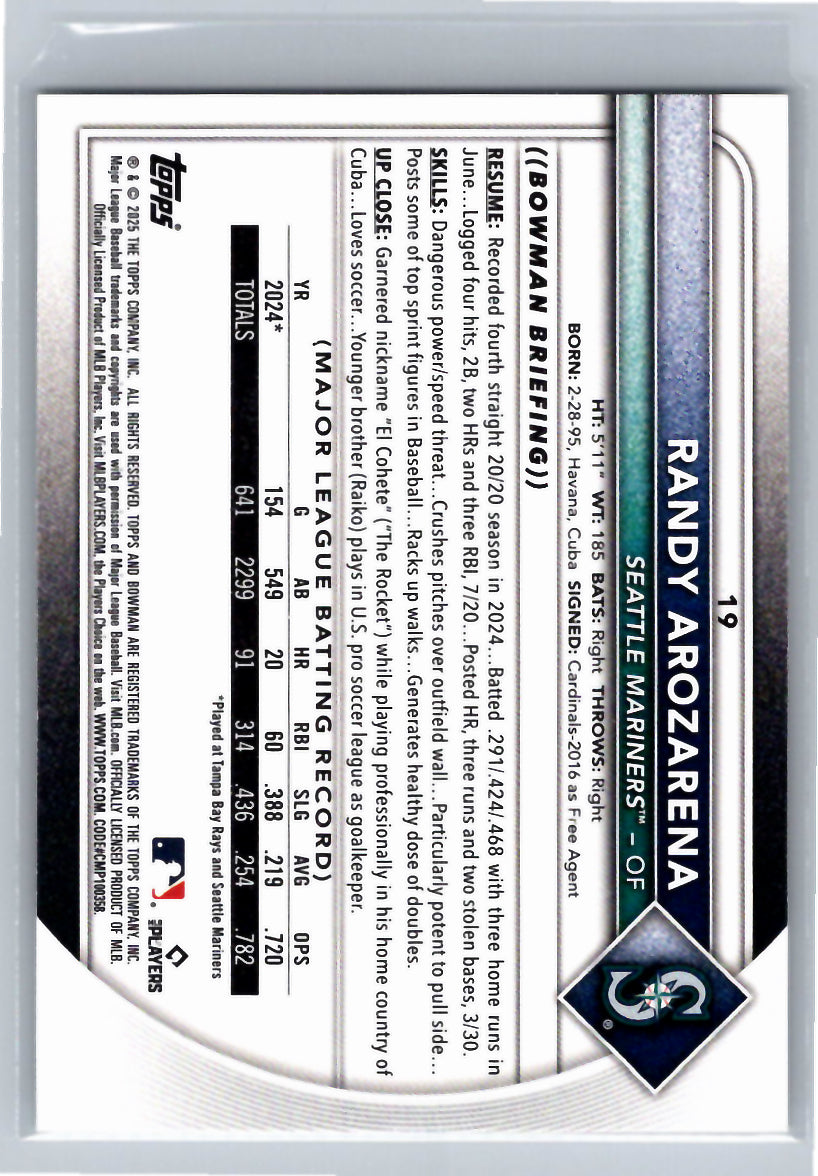 2025 Bowman #19 Randy Arozarena Seattle Mariners