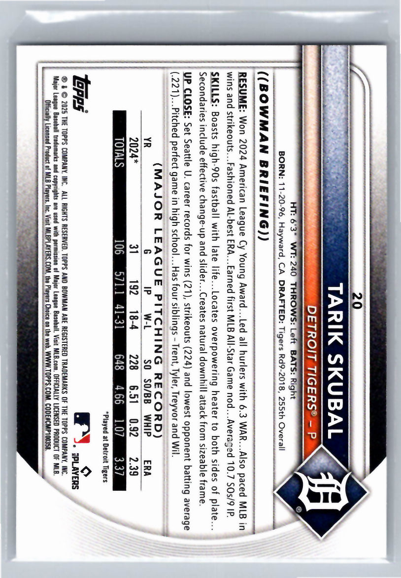 2025 Bowman #20 Tarik Skubal Detroit Tigers
