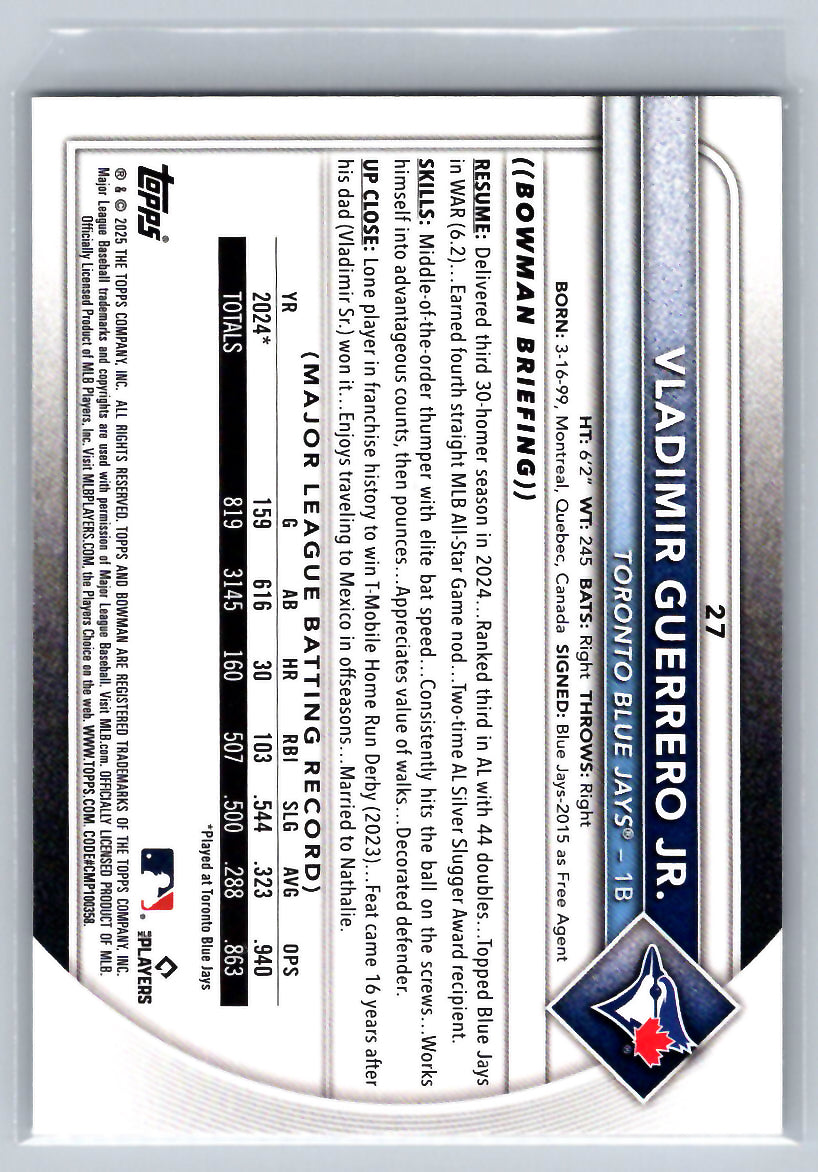 2025 Bowman #27 Vladimir Guerrero Jr. Toronto Blue Jays