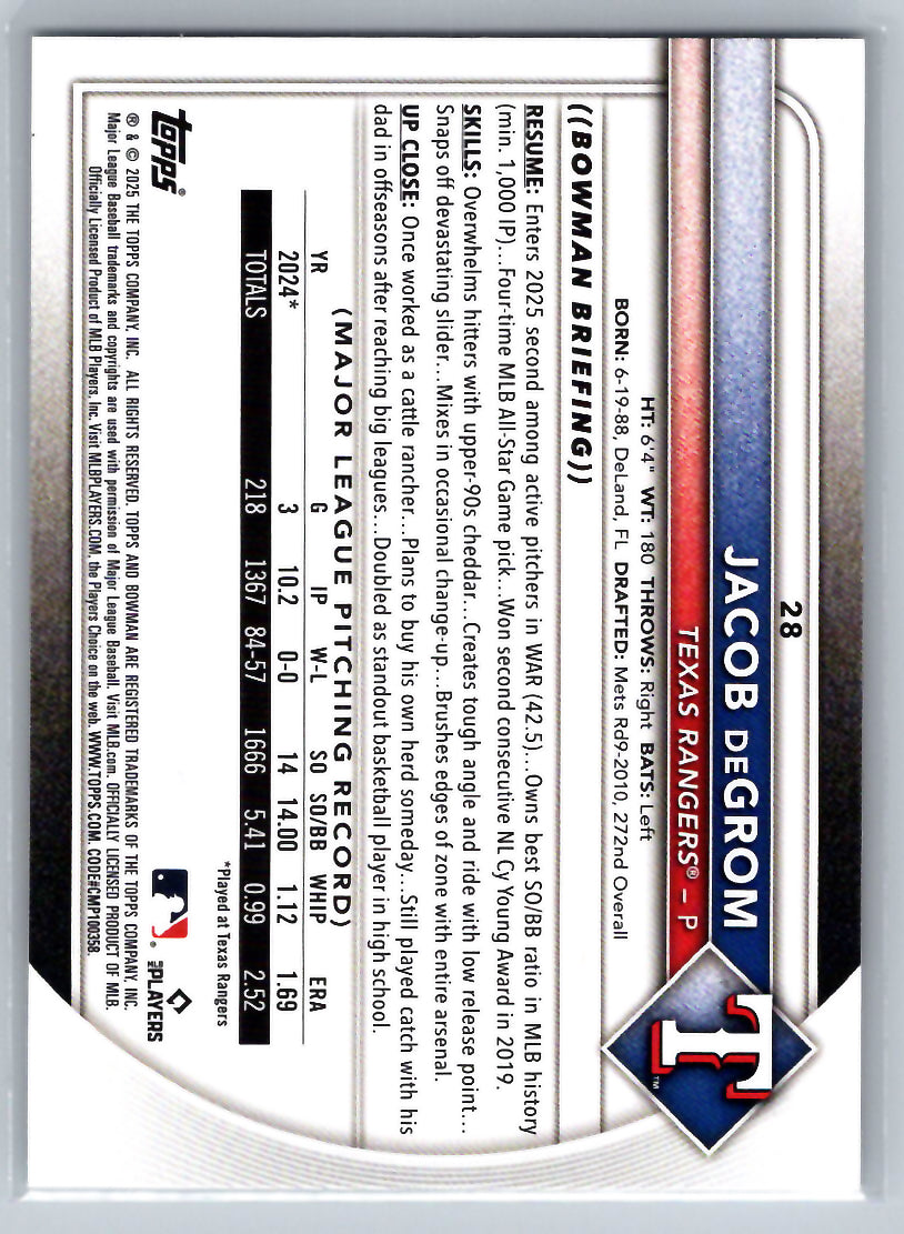 2025 Bowman #28 Jacob deGrom Texas Rangers