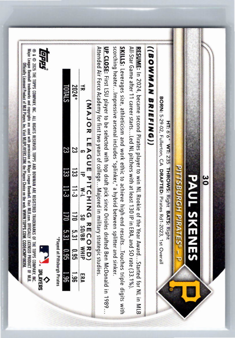 2025 Bowman #30 Paul Skenes Pittsburgh Pirates