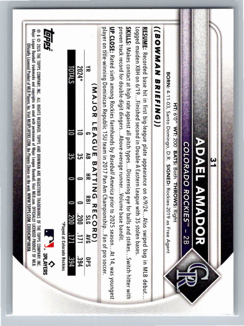 2025 Bowman #31 Adael Amador Colorado Rockies
